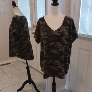 4/$40 Green Camouflage V-neck Tee - Size 1X